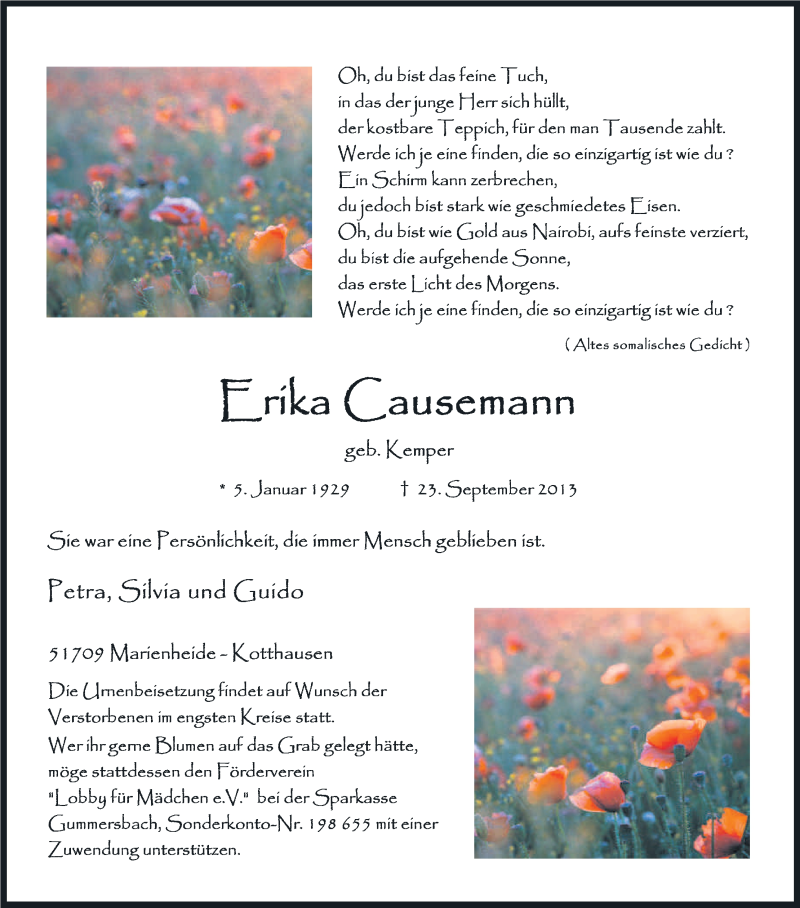 Traueranzeige für Erika Causemann vom 26.09.2013 aus Kölner Stadt-Anzeiger / Kölnische Rundschau / Express
