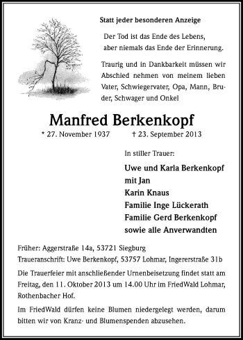 Anzeige von Manfred Berkenkopf von Kölner Stadt-Anzeiger / Kölnische Rundschau / Express