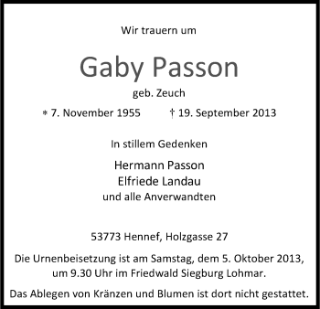 Anzeige von Gaby Passon von Kölner Stadt-Anzeiger / Kölnische Rundschau / Express