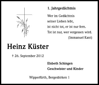 Anzeige von Heinz Küster von Kölner Stadt-Anzeiger / Kölnische Rundschau / Express