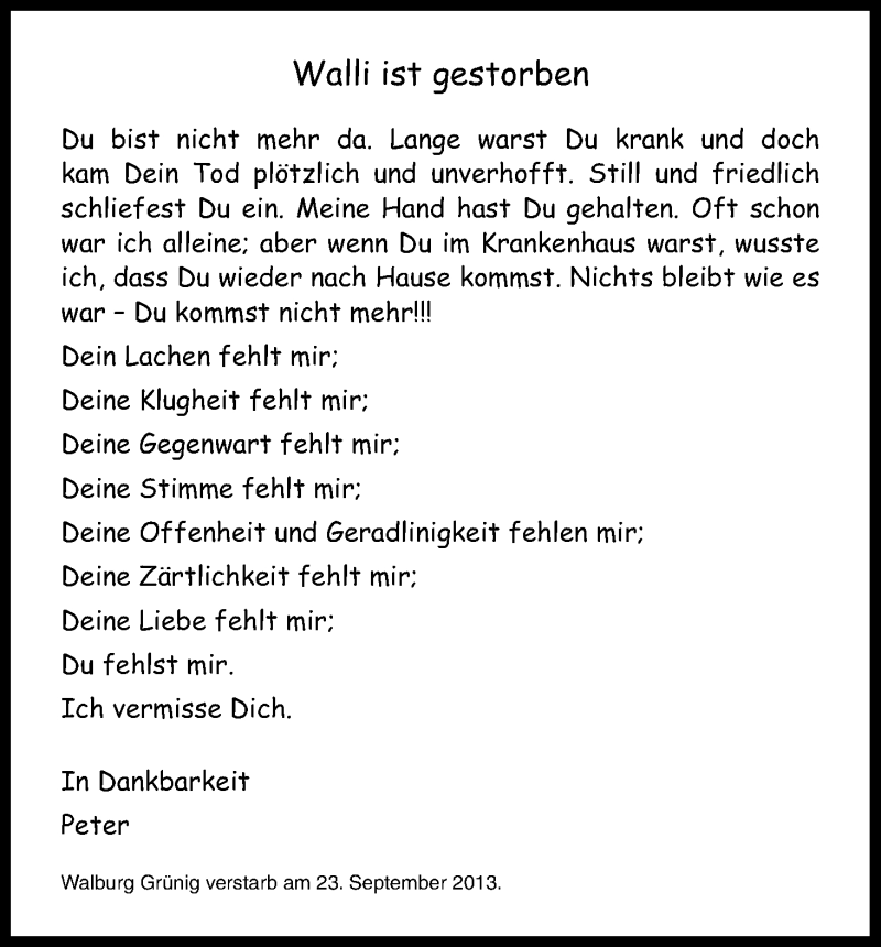  Traueranzeige für Walburg Grünig vom 28.09.2013 aus Kölner Stadt-Anzeiger / Kölnische Rundschau / Express