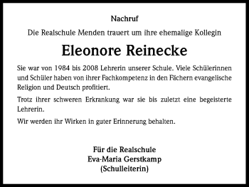 Anzeige von Eleonore Reinecke von Kölner Stadt-Anzeiger / Kölnische Rundschau / Express