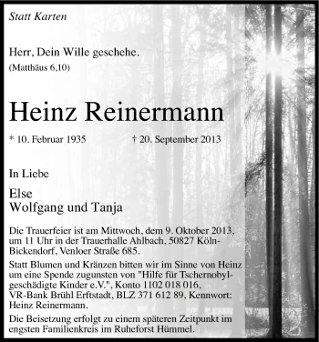 Anzeige von Heinz Reinermann von Kölner Stadt-Anzeiger / Kölnische Rundschau / Express