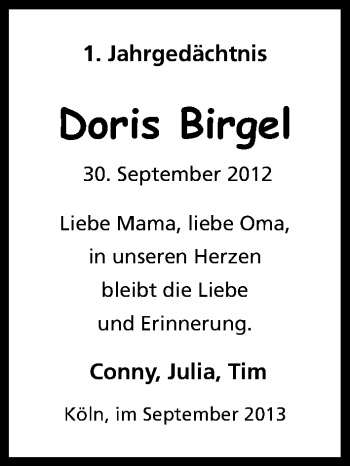 Anzeige von Doris Birgel von Kölner Stadt-Anzeiger / Kölnische Rundschau / Express