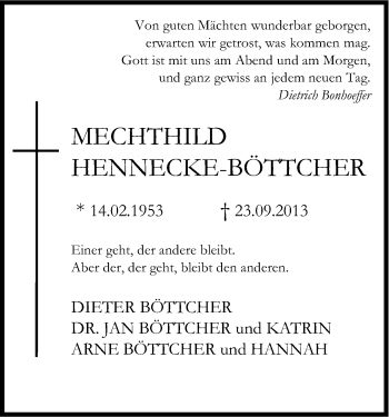 Anzeige von Mechthild Hennecke-Böttcher von Kölner Stadt-Anzeiger / Kölnische Rundschau / Express