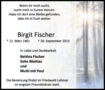 Anzeige von Birgit Fischer von Kölner Stadt-Anzeiger / Kölnische Rundschau / Express