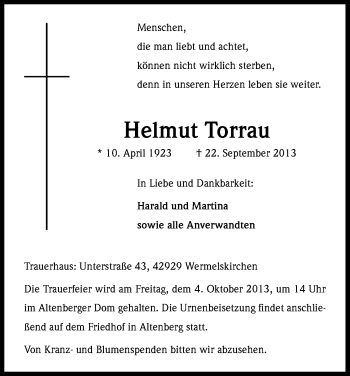 Anzeige von Helmut Torrau von Kölner Stadt-Anzeiger / Kölnische Rundschau / Express