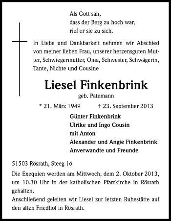 Anzeige von Liesel Finkenbrink von Kölner Stadt-Anzeiger / Kölnische Rundschau / Express