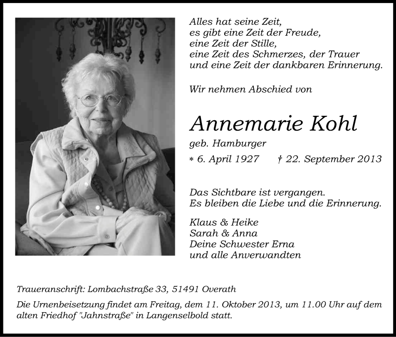  Traueranzeige für Annemarie Kohl vom 27.09.2013 aus Kölner Stadt-Anzeiger / Kölnische Rundschau / Express
