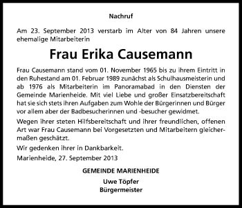 Anzeige von Erika Causemann von Kölner Stadt-Anzeiger / Kölnische Rundschau / Express