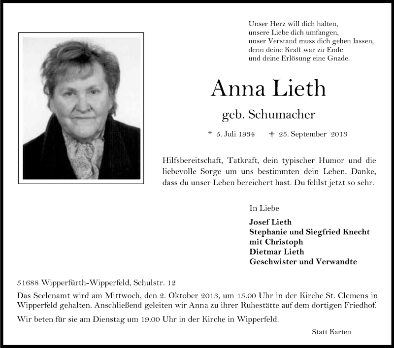  Traueranzeige für Anna Lieth vom 28.09.2013 aus Kölner Stadt-Anzeiger / Kölnische Rundschau / Express
