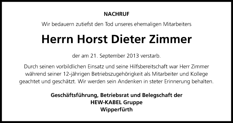  Traueranzeige für Horst Dieter Zimmer vom 28.09.2013 aus Kölner Stadt-Anzeiger / Kölnische Rundschau / Express