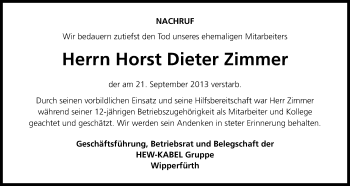 Anzeige von Horst Dieter Zimmer von Kölner Stadt-Anzeiger / Kölnische Rundschau / Express