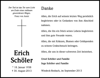 Anzeige von Erich Schöler von Kölner Stadt-Anzeiger / Kölnische Rundschau / Express