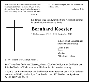 Anzeige von Bernhard Koester von Kölner Stadt-Anzeiger / Kölnische Rundschau / Express