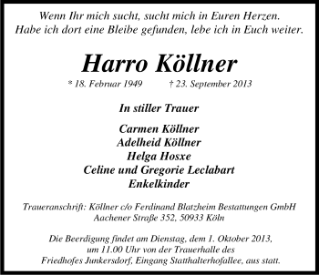 Anzeige von Harro Köllner von Kölner Stadt-Anzeiger / Kölnische Rundschau / Express
