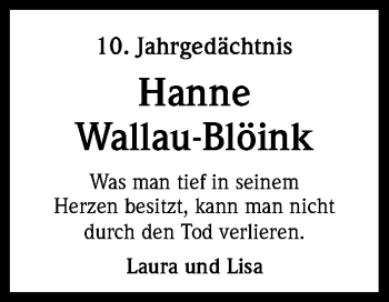 Anzeige von Hanne Wallau- Blöink von Kölner Stadt-Anzeiger / Kölnische Rundschau / Express