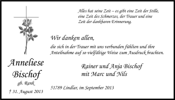 Anzeige von Anneliese Bischof von Kölner Stadt-Anzeiger / Kölnische Rundschau / Express