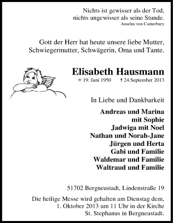 Anzeige von Elisabeth Hausmann von Kölner Stadt-Anzeiger / Kölnische Rundschau / Express