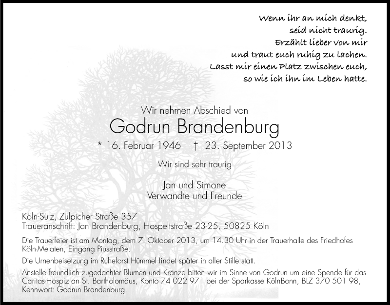  Traueranzeige für Godrun Brandenburg vom 28.09.2013 aus Kölner Stadt-Anzeiger / Kölnische Rundschau / Express