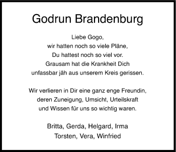 Anzeige von Godrun Brandenburg von Kölner Stadt-Anzeiger / Kölnische Rundschau / Express