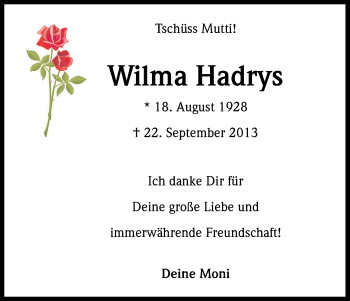 Anzeige von Wilma Hadrys von Kölner Stadt-Anzeiger / Kölnische Rundschau / Express