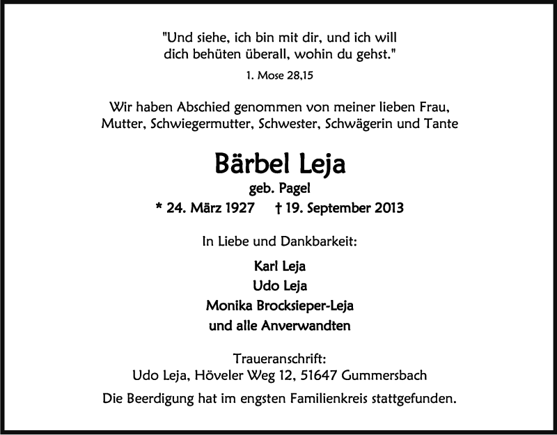  Traueranzeige für Bärbel Leja vom 28.09.2013 aus Kölner Stadt-Anzeiger / Kölnische Rundschau / Express