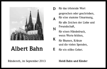 Anzeige von Albert Bahn von Kölner Stadt-Anzeiger / Kölnische Rundschau / Express