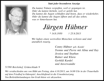 Anzeige von Jürgen Hübner von Kölner Stadt-Anzeiger / Kölnische Rundschau / Express