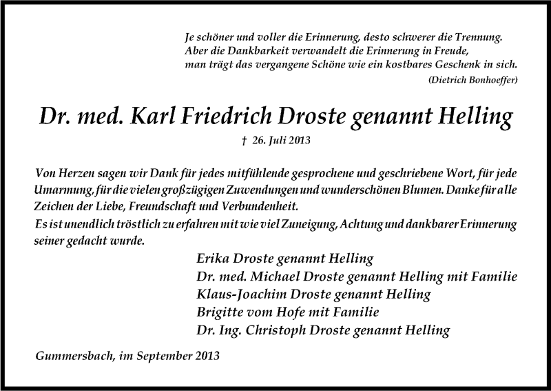  Traueranzeige für Karl Friedrich Droste vom 28.09.2013 aus Kölner Stadt-Anzeiger / Kölnische Rundschau / Express