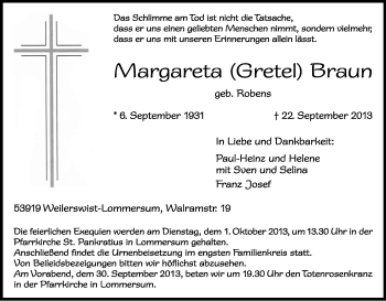 Anzeige von Margareta Braun von Kölner Stadt-Anzeiger / Kölnische Rundschau / Express