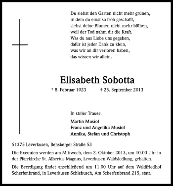Anzeige von Elisabeth Sobotta von Kölner Stadt-Anzeiger / Kölnische Rundschau / Express