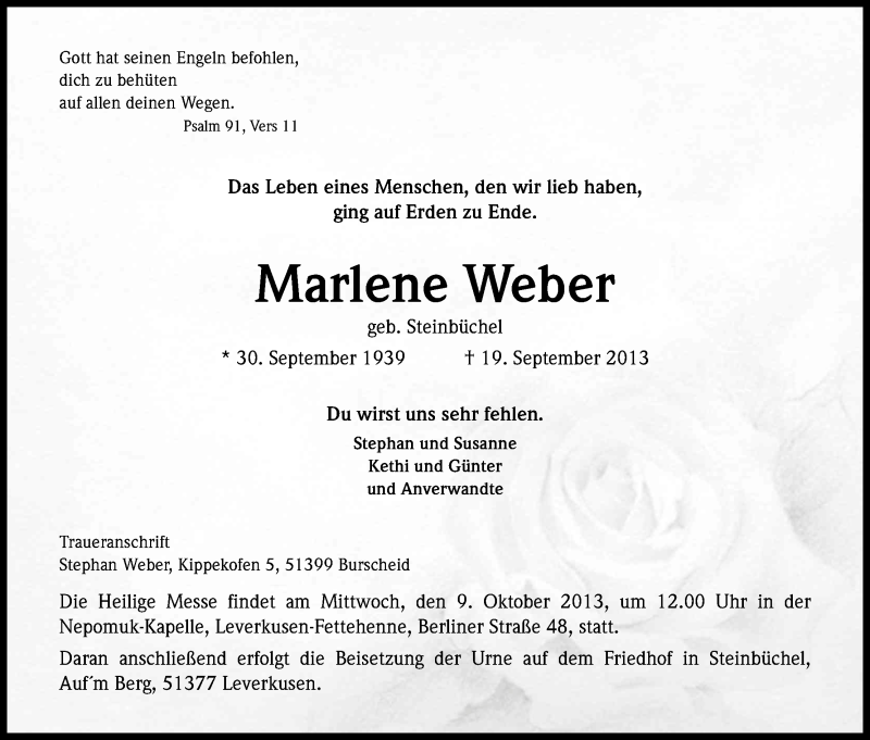  Traueranzeige für Marlene Weber vom 28.09.2013 aus Kölner Stadt-Anzeiger / Kölnische Rundschau / Express