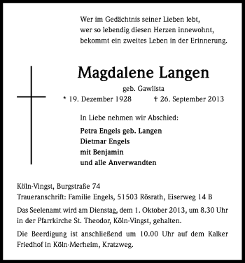 Anzeige von Magdalene Langen von Kölner Stadt-Anzeiger / Kölnische Rundschau / Express