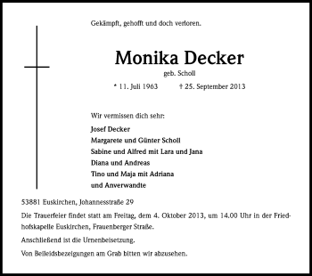 Anzeige von Monika Decker von Kölner Stadt-Anzeiger / Kölnische Rundschau / Express