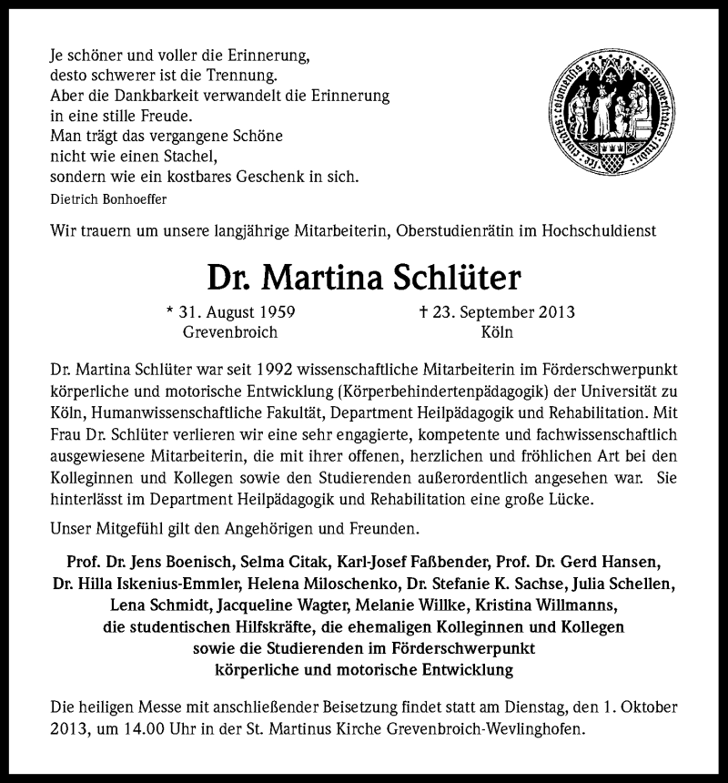  Traueranzeige für Martina Schlüter vom 27.09.2013 aus Kölner Stadt-Anzeiger / Kölnische Rundschau / Express