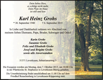 Anzeige von Karl Heinz Grohs von Kölner Stadt-Anzeiger / Kölnische Rundschau / Express
