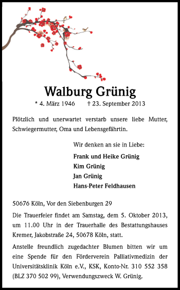 Anzeige von Walburg Grünig von Kölner Stadt-Anzeiger / Kölnische Rundschau / Express