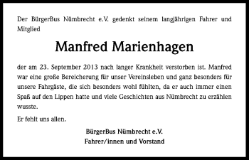 Anzeige von Manfred Marienhagen von Kölner Stadt-Anzeiger / Kölnische Rundschau / Express
