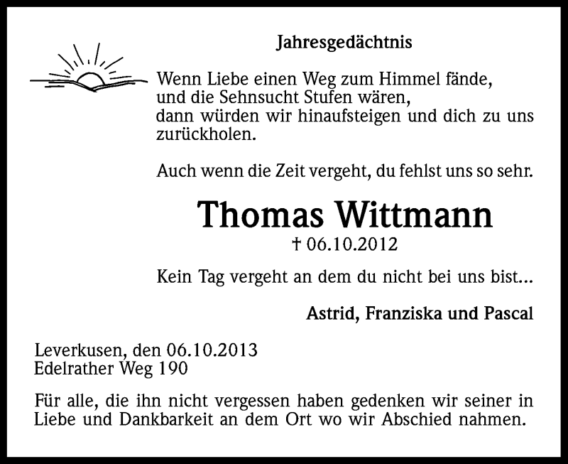  Traueranzeige für Thomas Wittmann vom 05.10.2013 aus Kölner Stadt-Anzeiger / Kölnische Rundschau / Express