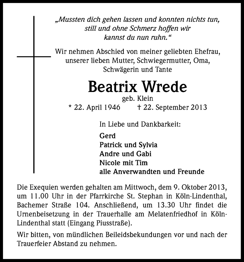  Traueranzeige für Beatrix Wrede vom 28.09.2013 aus Kölner Stadt-Anzeiger / Kölnische Rundschau / Express