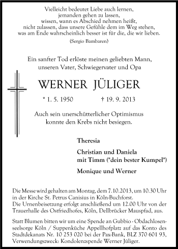 Anzeige von Werner Jüliger von Kölner Stadt-Anzeiger / Kölnische Rundschau / Express