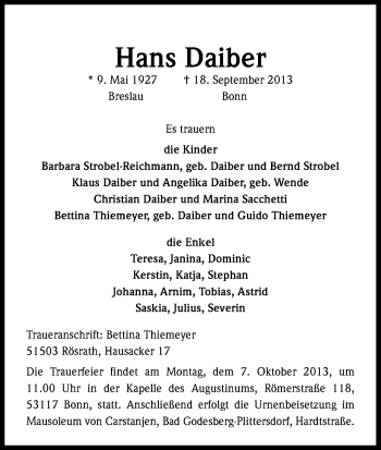 Anzeige von Hans Daiber von Kölner Stadt-Anzeiger / Kölnische Rundschau / Express