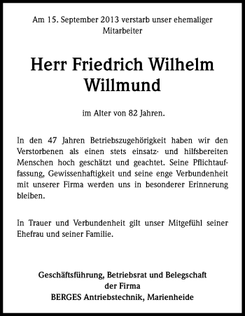 Anzeige von Friedrich Wilhelm Willmund von Kölner Stadt-Anzeiger / Kölnische Rundschau / Express