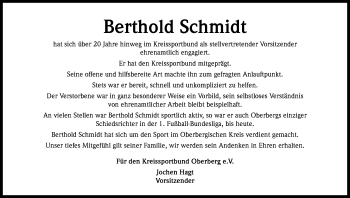 Anzeige von Berthold Schmidt von Kölner Stadt-Anzeiger / Kölnische Rundschau / Express