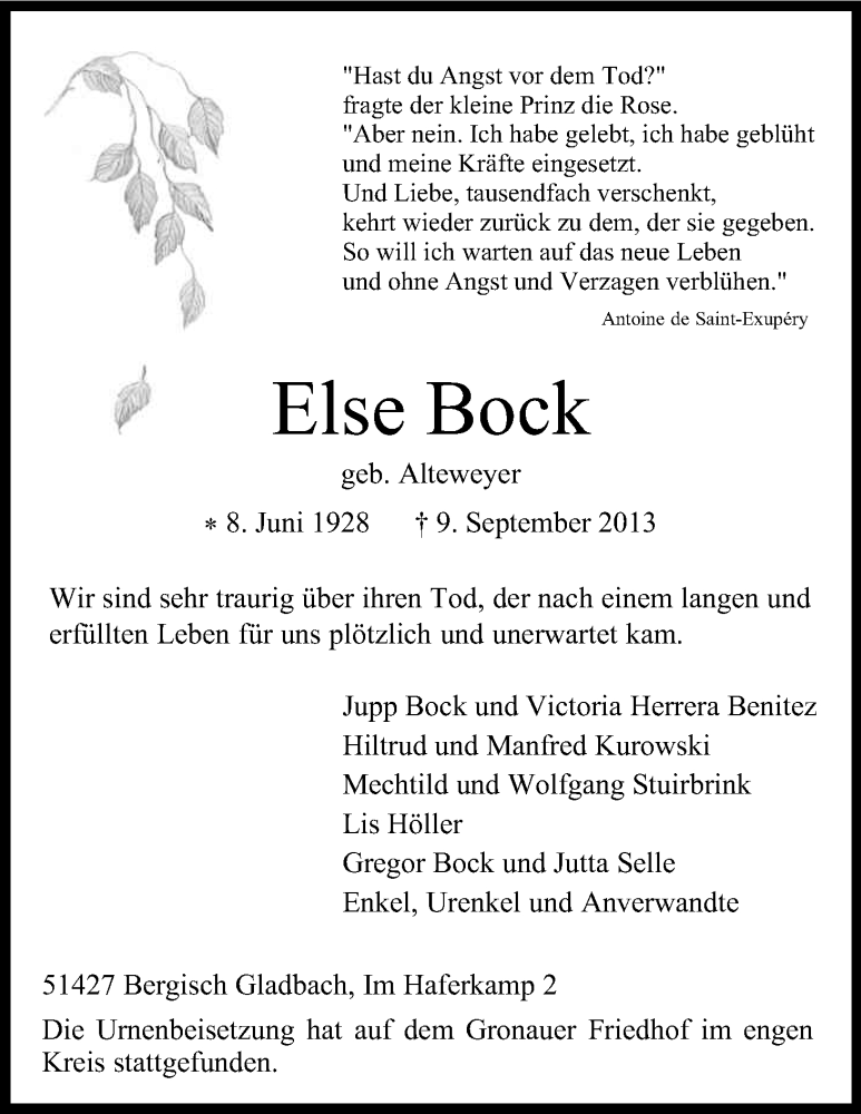  Traueranzeige für Else Bock vom 28.09.2013 aus Kölner Stadt-Anzeiger / Kölnische Rundschau / Express