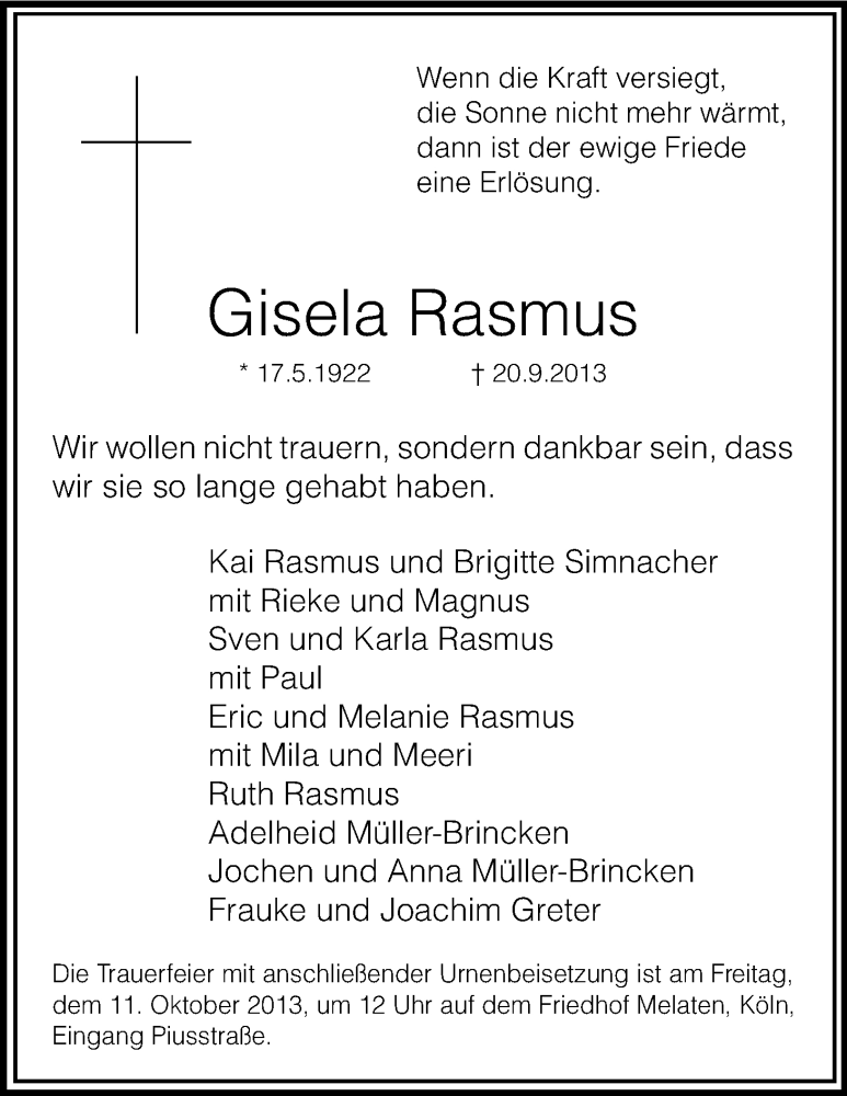  Traueranzeige für Gisela Rasmus vom 28.09.2013 aus Kölner Stadt-Anzeiger / Kölnische Rundschau / Express