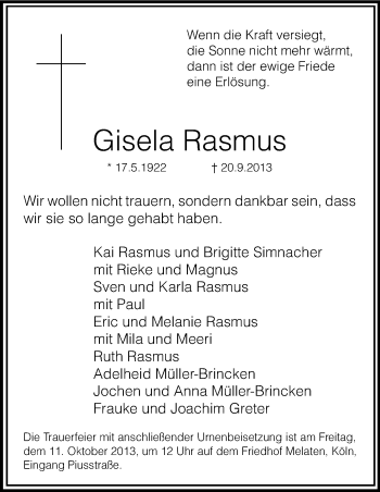 Anzeige von Gisela Rasmus von Kölner Stadt-Anzeiger / Kölnische Rundschau / Express