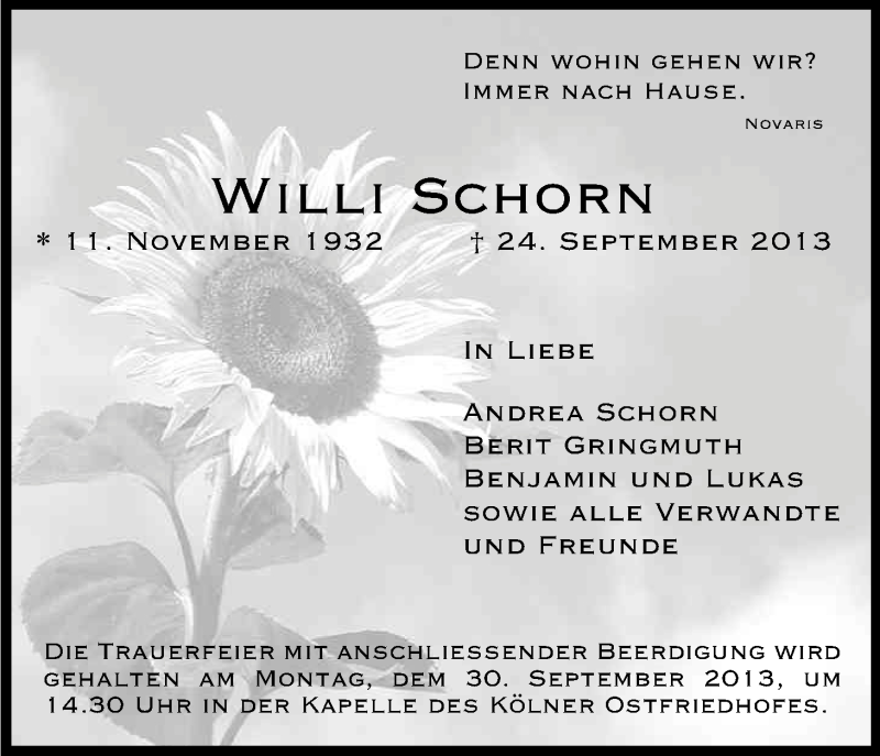  Traueranzeige für Willi Schorn vom 28.09.2013 aus Kölner Stadt-Anzeiger / Kölnische Rundschau / Express