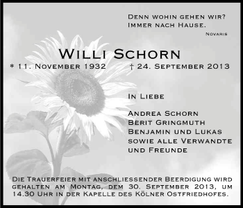 Anzeige von Willi Schorn von Kölner Stadt-Anzeiger / Kölnische Rundschau / Express